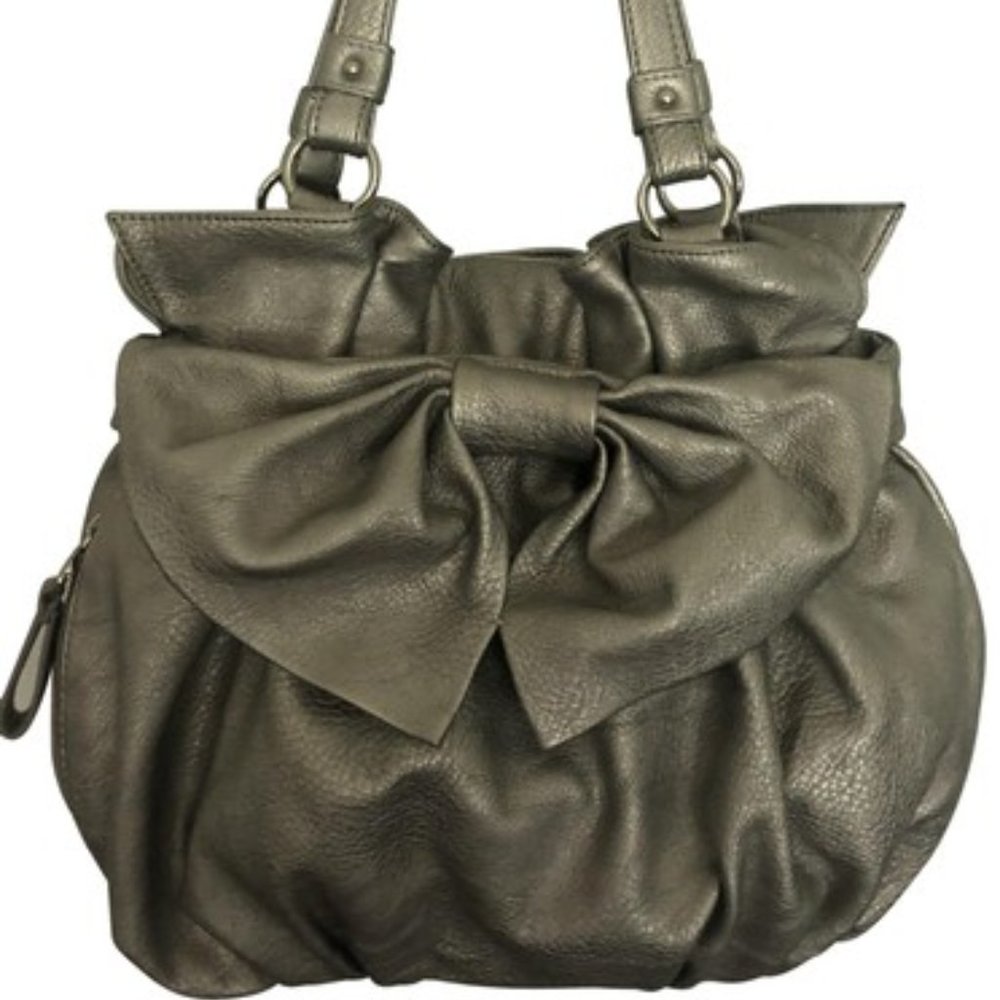 Elle Slouchy Big Bow Matte Silver Leather Hobo
